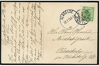 5 øre Chr. X på brevkort (Soldater fra 20 Batl. indkvarteret på landejendom) annulleret med stjernestempel LUNDFORLUND og sidestemplet Slagelse d. 30.7.1915 til Kværkeby.