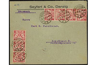 5000 mk. Infla udg. i 3-stribe og 4-stribe på 35.000 mk. frankeret brev fra Danzig d. 28.8.1923 til København, Danmark. Underfrankeret med 45.000 mk. Frankatur på bagsiden fjernet.