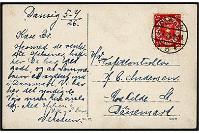 20 pfg. Våben på brevkort fra Danzig d. 5.7.1926 til Roskilde, Danmark.