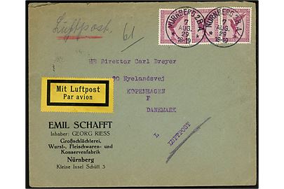 15 pfg. Luftpost (3) på luftpostbrev fra Nürnberg d. 7.8.1929 via København Luftpost sn2 d. 8.8.1929 til København.