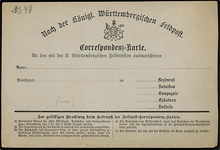Correspondenz-Karte til königl. Württembergischen Feldpost. Ubrugt formular fra den tysk-franske krig 1870-71.