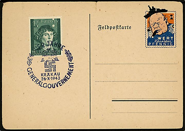 Churchill Spottkarte Wert keinen Pfennig med 1 zl. Genegralgouvernement udg. annulleret med særstempel i Krakau d. 26.10.1943.