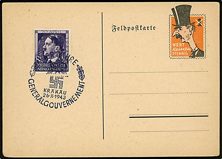 Chamberlain Spottkarte Wert keinen Pfennig med 84+1 zl. Genegralgouvernement udg. annulleret med særstempel i Krakau d. 26.10.1943.