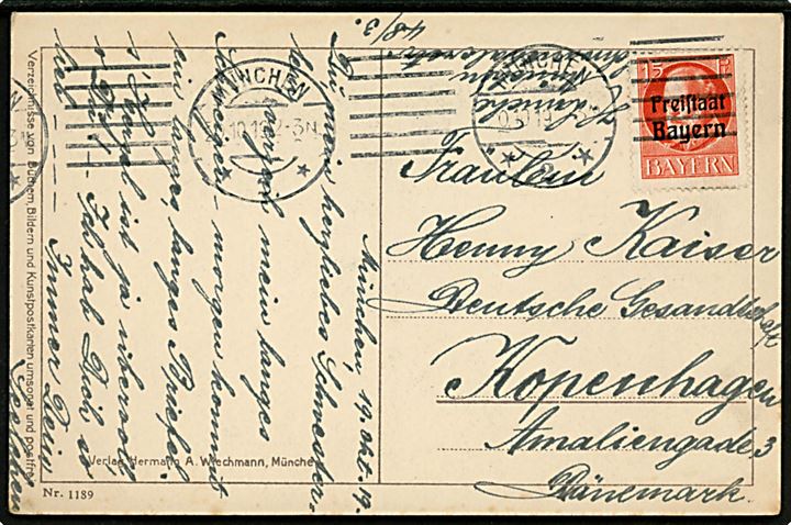 15 pfg. Freistaat Bayern Provisorium på brevkort fra München d. 20.10.1919 til det tyske gesandtskab i København, Danmark.