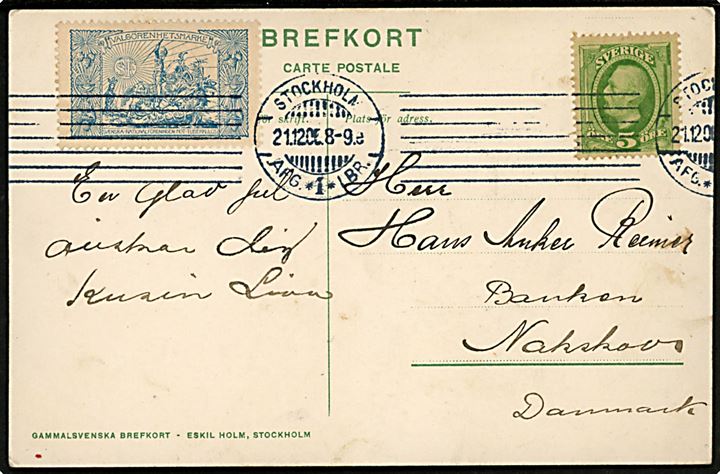 5 öre Oscar og Velgørenhedsmærke på julekort fra Stockholm d. 21.12.1906 til Nakskov, Danmark.
