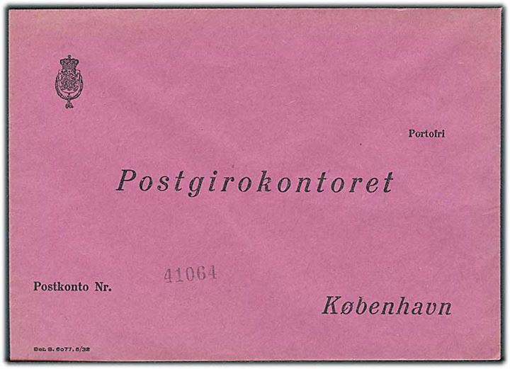 Ufrankeret fortrykt kuvert - formular Bet.S.6077 5/32 til Postgirokontoret, København. Ubrugt.