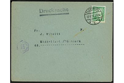 5 pfg. Rheinland single på tryksag fra Flensburg d. 22.6.1925 til Middelfart, Danmark. Violet 15 pfg. Custos portostempel. Lidt mystisk, da tryksagen kun er frankeret med 5 pfg.