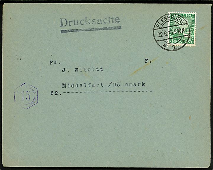 5 pfg. Rheinland single på tryksag fra Flensburg d. 22.6.1925 til Middelfart, Danmark. Violet 15 pfg. Custos portostempel. Lidt mystisk, da tryksagen kun er frankeret med 5 pfg.