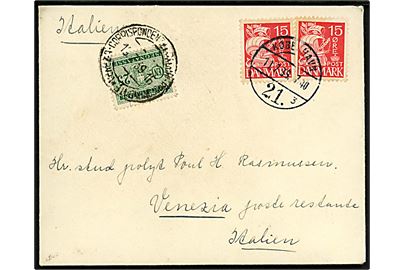 15 øre Karavel (2) på brev fra København 21 d. 11.7.1939 til poste restante i Venezia, Italien. Udtakseret i porto med italiensk 25 c. Portomærke stemplet Venezia d. 19.7.1939. (Poste restante gebyr).