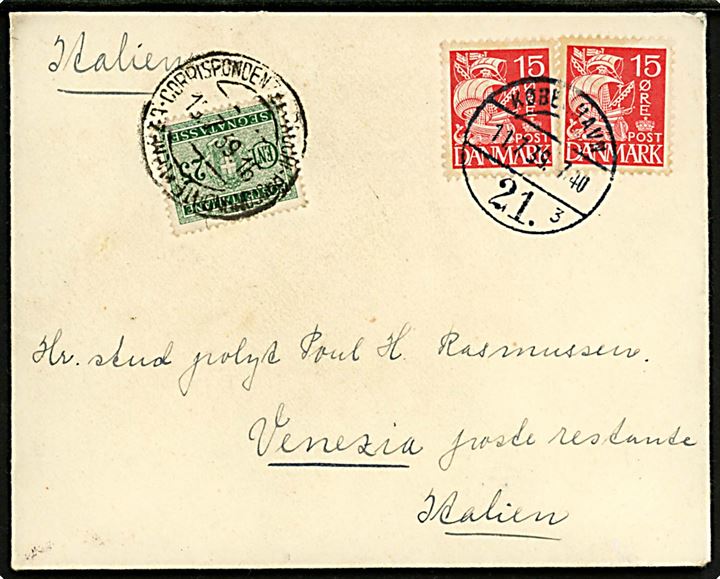 15 øre Karavel (2) på brev fra København 21 d. 11.7.1939 til poste restante i Venezia, Italien. Udtakseret i porto med italiensk 25 c. Portomærke stemplet Venezia d. 19.7.1939. (Poste restante gebyr).