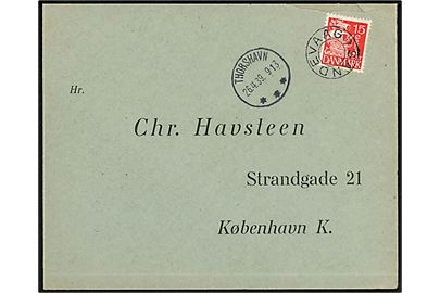 15 øre Karavel på brev annulleret med udslebet stjernestempel SANDEVAAG og sidestemplet Thorshavn d. 26.4.1939 til København.