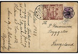 15 øre Chr. X og 5 øre I skal ikke blive glemt 1923 mærkat på brevkort annulleret med stjernestempel BJERGBY og sidestemplet Svendborg d. 25.12.1923 til Tryggelev på Langeland.