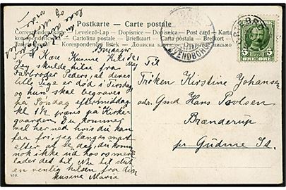 5 øre Fr. VIII på brevkort annulleret med stjernestempel SORTEBRO og sidestemplet bureau Nyborg - Svendborg d. 21.5.1908 til Gudme.