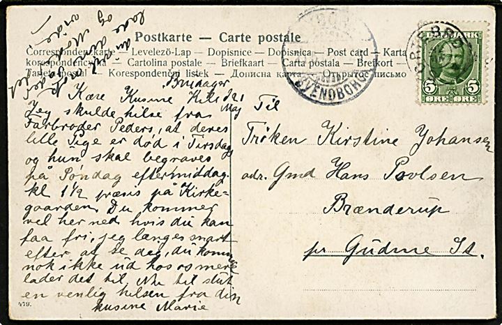 5 øre Fr. VIII på brevkort annulleret med stjernestempel SORTEBRO og sidestemplet bureau Nyborg - Svendborg d. 21.5.1908 til Gudme.