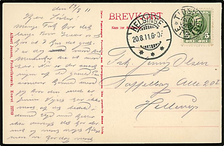5 øre Fr. VIII på brevkort annulleret med stjernestempel TIDSVILDELEJE og sidestemplet Helsinge d. 20.8.1911 til Hellerup.