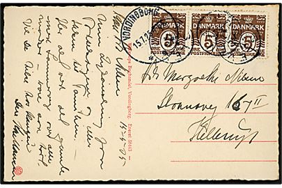 5 øre Bølgelinie i 3-stribe på brevkort annulleret med svagt stjernestempel ØRSLEV og sidestemplet Vordingborg d. 15.7.1925 til Hellerup.