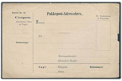 Pakkepost-Adressebrev - Blanket No. 72. Antagelig fra 1888. Mindre skade i højre side. Ubrugt.