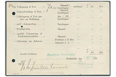 Regning for Udlægning af Post - formular F.45 8/31 - fra Randers Postkontor d. 1.3.1933. Sjælden formular. Arkivhuller.