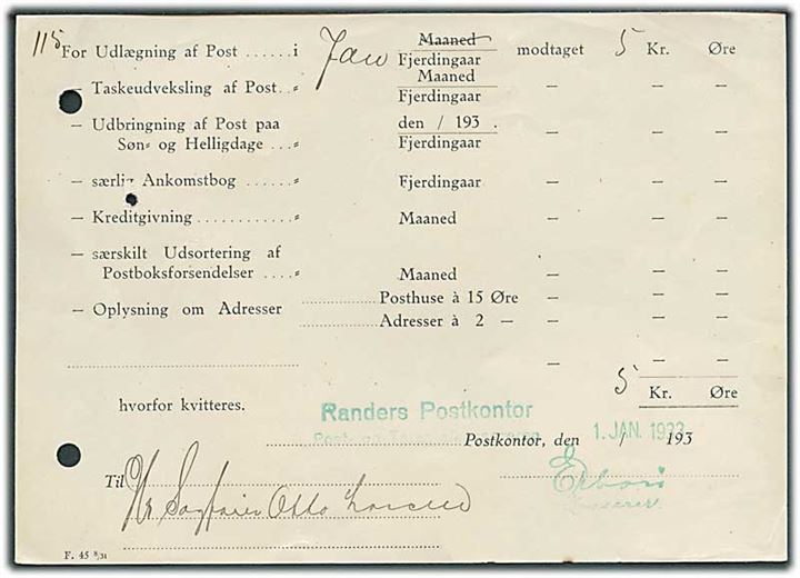 Regning for Udlægning af Post - formular F.45 8/31 - fra Randers Postkontor d. 1.3.1933. Sjælden formular. Arkivhuller.