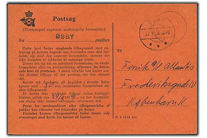 Forespørgsel angaaende uanbringelig forsendelse - formular F.8 (3-54 A6) - fra Øsby d. 22.9.1959 til København.