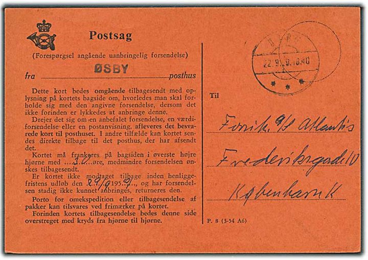 Forespørgsel angaaende uanbringelig forsendelse - formular F.8 (3-54 A6) - fra Øsby d. 22.9.1959 til København.