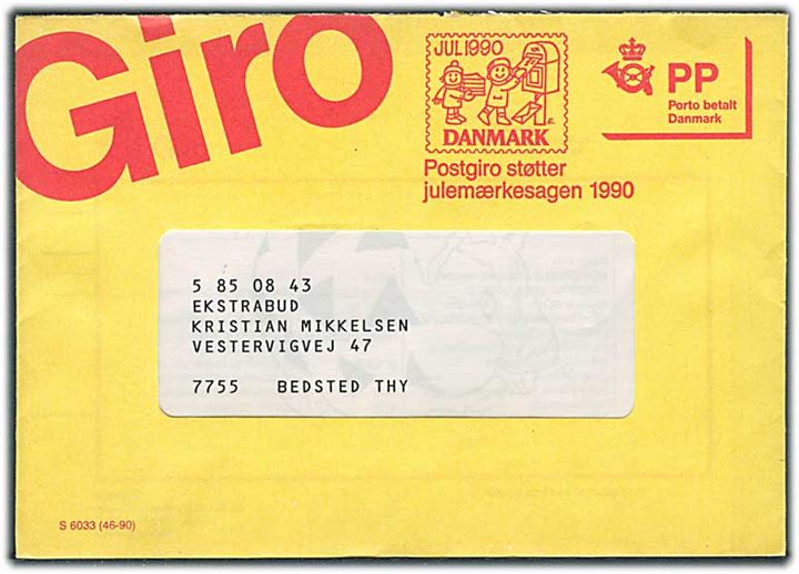 PP-rudekuvert fra Postgiro - formular S 6033 (46-90) - med Julemærke-tiltryk: Postgiro støtter julemærkesagen 1990 til Bedsted.