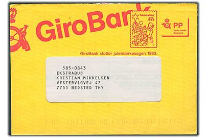 PP-rudekuvert fra GiroBank A/S - formular S 6033 (43.93) - med Julemærke-tiltryk: GiroBank A/S støtter julemærkesagen 1993 til Bedsted.