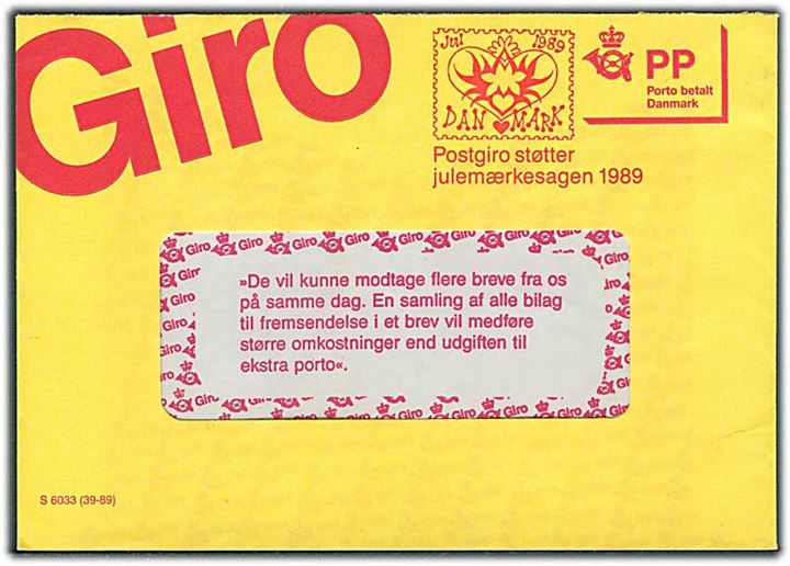 PP-rudekuvert fra Postgiro - formular S 6033 (39-89) - med Julemærke-tiltryk: Postgiro støtter julemærkesagen 1989.