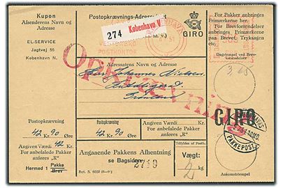 3,65 kr. posthusfranko frankeret postopkrævnings-adressekort fra København V d. 4.7.1951 til Kutdligssat, Grønland.