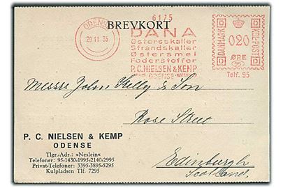 20 øre firmafranko DANA Østersskaller, Strandskaller, Østersmel... på brevkort fra Odense d. 29.11.1935 til Edinburgh, Scotland.