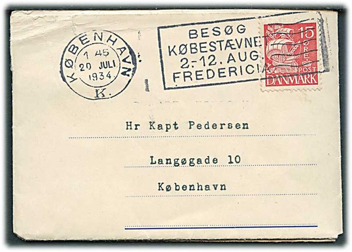 15 øre Karavel på DFDS Radiobrev formular stemplet København d. 20.7.1934 til København. Meddelelse sendt fra M/S California via provinsbåden M/S C.F.Tietgen.