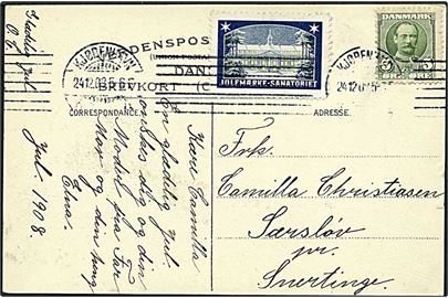 5 øre grøn Fr. VIII og julemærke 1908 på postkort fra København d. 24.12.1908 til Snertinge.