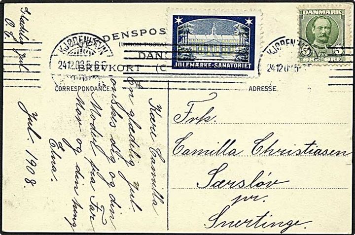 5 øre grøn Fr. VIII og julemærke 1908 på postkort fra København d. 24.12.1908 til Snertinge.