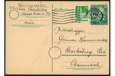10 pfg. 1. Bundes Tag 1949 helsagsbrevkort opfrankeret med 10 pfg. Kölner Dom fra Kiel d. 15.9.1949 til Billedhugger Gunnar Hammerich i Ærøskøbing, Danmark.