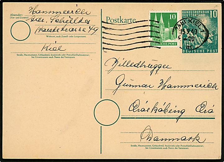 10 pfg. 1. Bundes Tag 1949 helsagsbrevkort opfrankeret med 10 pfg. Kölner Dom fra Kiel d. 15.9.1949 til Billedhugger Gunnar Hammerich i Ærøskøbing, Danmark.