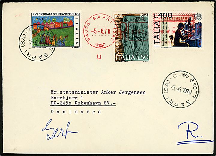 600 l. blandingsfrankeret anbefalet brev fra Sapri d. 5.6.1978 til statsminister Anker Jørgensen i København, Danmark. Bagklap og del af bagside mangler.