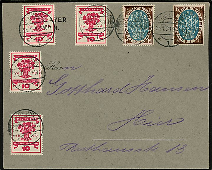 10 pfg. (4) og 15 pfg. (2) Weimar udg. på filatelistisk lokalbrev i Flensburg d. 23.1.1920. Sendt i den provisoriske Plebiscit periode 20.-24.1.1920 hvor CIS-Kommissionen havde overtaget styret af afstemningsområdet, men inden der udkom egne frimærker d. 25.1.1920.
