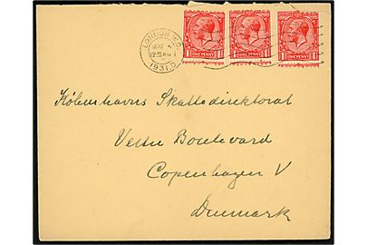1d George V fra frimærkerulle (3) på brev fra London d. 4.5.1931 til København, Danmark. Skæv afskæring.