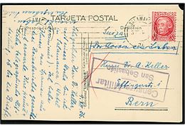 30 cts. på brevkort (hj.skade) fra Salamanca d. 9.12.1936 til Bern, Schweiz. Lokal spansk censur fra San Sebastian.