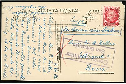 30 cts. på brevkort (hj.skade) fra Salamanca d. 9.12.1936 til Bern, Schweiz. Lokal spansk censur fra San Sebastian.