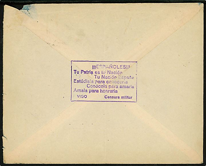 10 cts. Rytter og 40 cts. Emilio Castelar på brev fra Vigo d. 28.5.1937 til Berlin, Tyskland. Spansk censur fra Vigo med propagandastempel fra censuren på bagsiden. Hj.skade.
