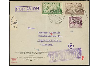 25 cts. Franco, 50 cts. og 2 pts. Luftpost på luftpostbrev fra Valencia d. 13.10.1941 til Dortmund, Tyskland. Både spansk censur fra Valencia og tysk censur fra München.