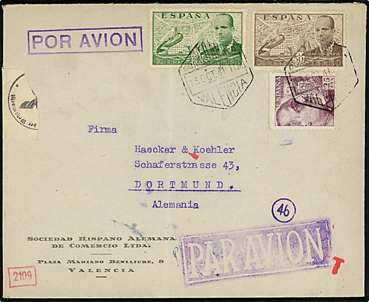 25 cts. Franco, 50 cts. og 2 pts. Luftpost på luftpostbrev fra Valencia d. 13.10.1941 til Dortmund, Tyskland. Både spansk censur fra Valencia og tysk censur fra München.