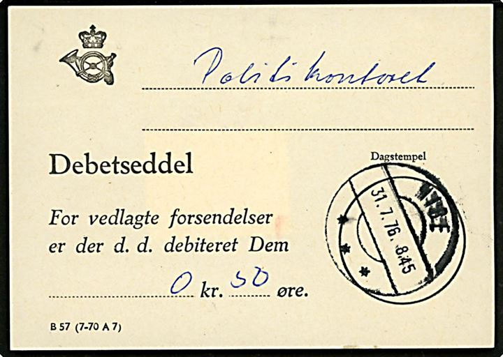 50 øre Isfugl på bagsiden af Debetseddel - B57 (7-70 A7) - annulleret med trodat-stempel Nibe Postkontor 9240 d. 31.6.1976.