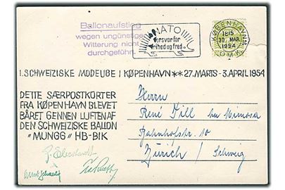 12 øre Bølgelinie på Ballon-postkort fra 1. Schweisiske Modeuge i København d. 30.3.1954 til Zürich, Schweiz. Ikke ballonbefordret med stempel: Ballonafsteig wegen ungünstiger Witterung nicht durchgefürt.