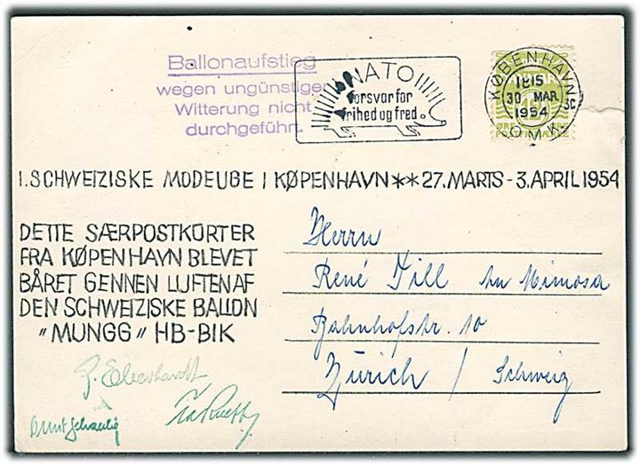 12 øre Bølgelinie på Ballon-postkort fra 1. Schweisiske Modeuge i København d. 30.3.1954 til Zürich, Schweiz. Ikke ballonbefordret med stempel: Ballonafsteig wegen ungünstiger Witterung nicht durchgefürt.