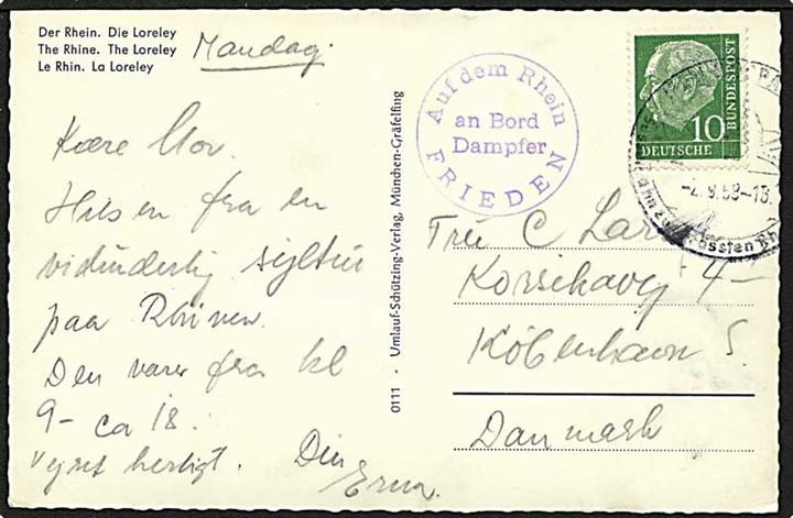 10 pfennig grøn på brev fra Tyskland d. 2.9.1959 til København. Stemplet ombord på damperen Frieden.