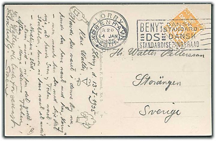 10 øre Bølgelinie på brevkort fra København d. 14.1.1935 til Storängen, Sverige.