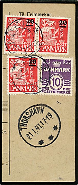 10 øre Bølgelinie og 20/15 øre Provisorium (3) på talon annulleret med udslebet stjernestempel STRÆNDER og sidestemplet Thorshavn d. 21.1.1941.