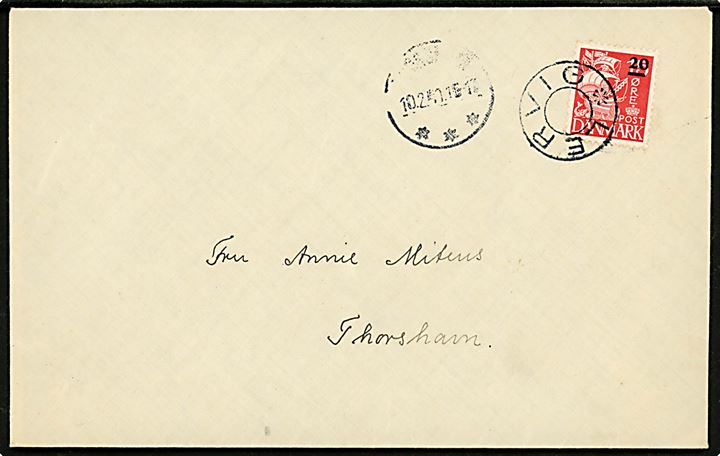 20/15 øre Provisorium på brev annulleret med udslebet stjernestempel LERVIG og sidestemplet Thorshavn d. 10.2.1940 til Thorshavn.